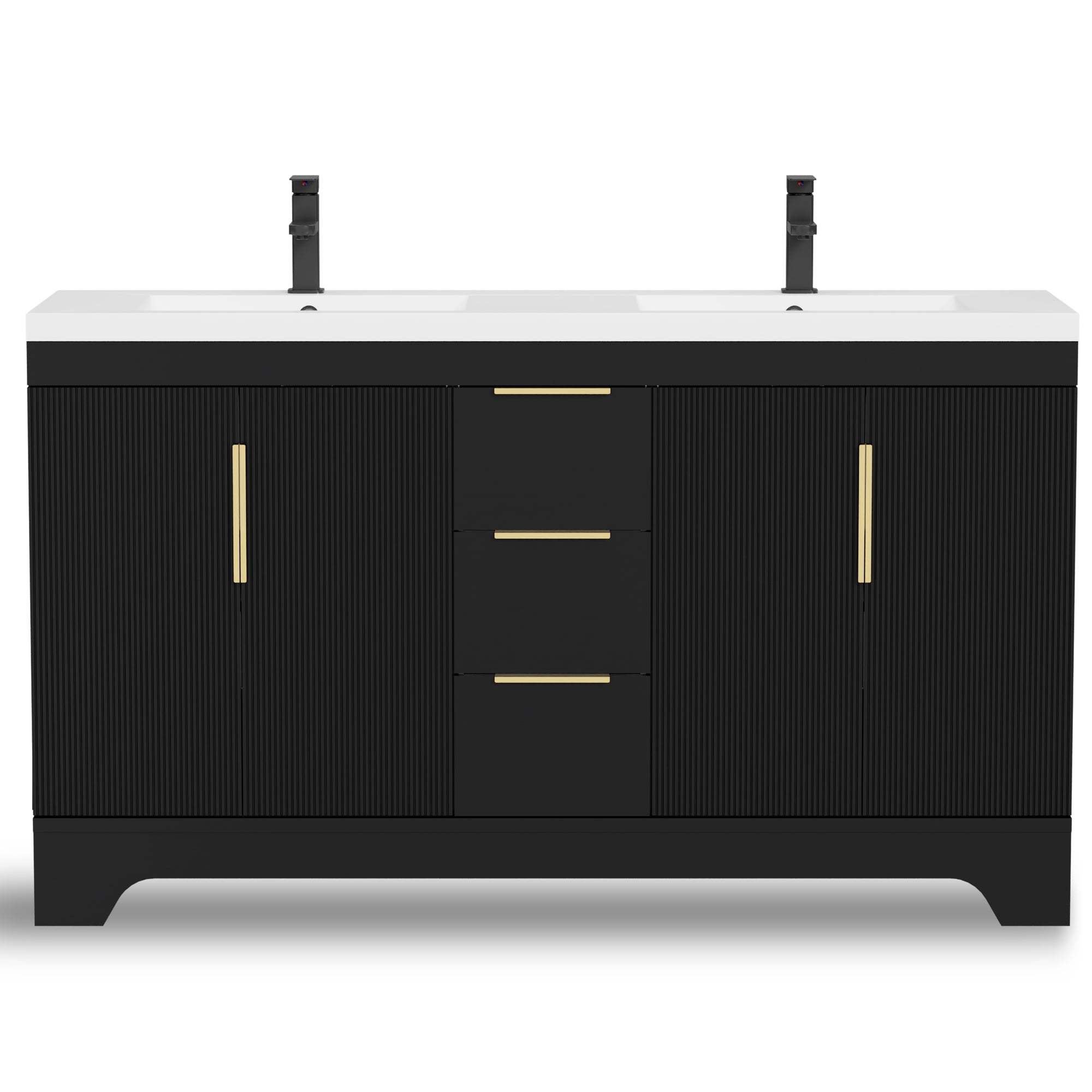 Eclife 60-inch Double Sink Bathroom Vanity with Integrated Tops, Soft-Close Hinges, Fluted Door Design, Mid-Century Modern