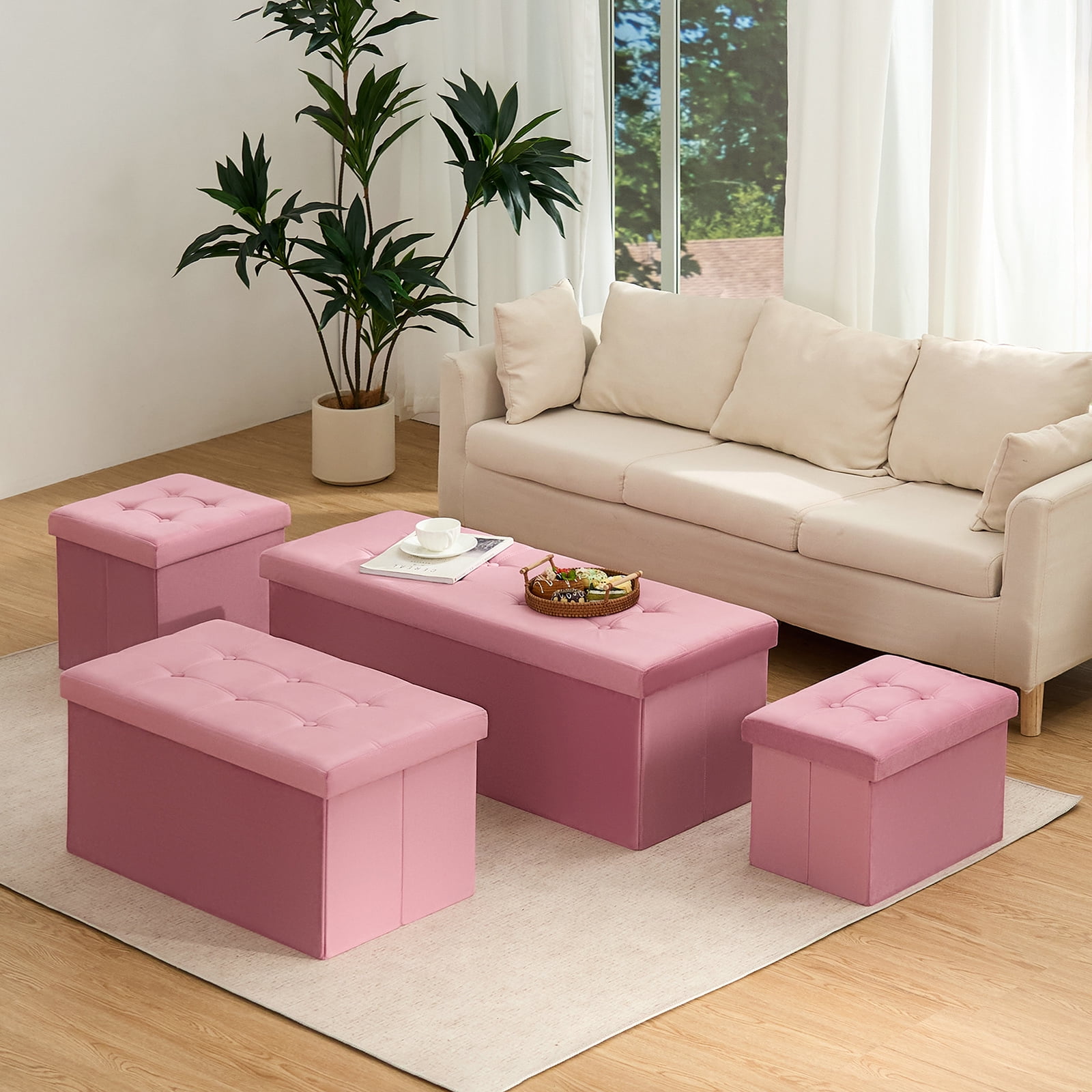 LUSIMO Ottoman with Storage 43" Velvet Storage Bench Folding End of Bed Bench Hold up to 660lb Footstool for Bedroom Living Room, Pink