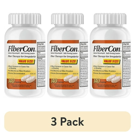 (3 pack) FiberCon Fiber Therapy Coated Caplets, Safe, Simple & Comfortable Insoluble Fiber for Bowel Irregularity, Comfortable Constipation Relief with No Gas or Bloating, 140 Caplets