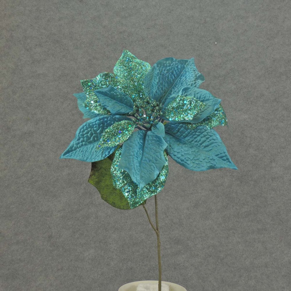 1 Pc, 20 Inch Tall Artificial Teal Blue Poinsettia Bloom (10" Wide