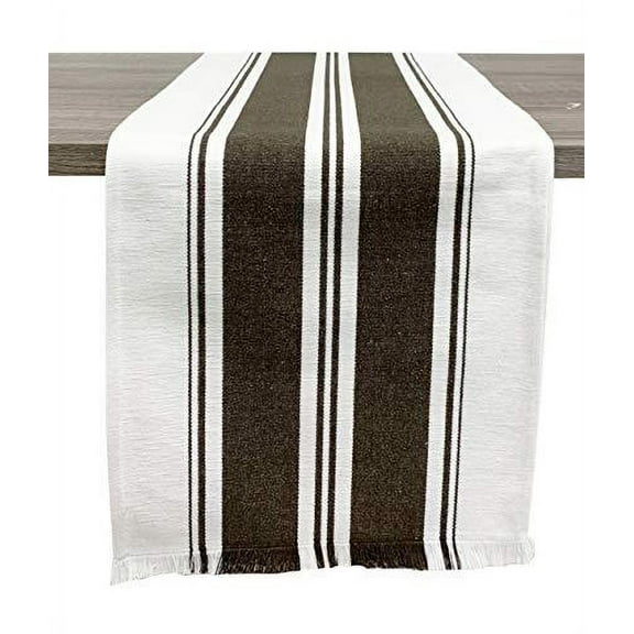 Fennco Styles Netural Stripes Fringe Canvas Cotton Table Linen Collection