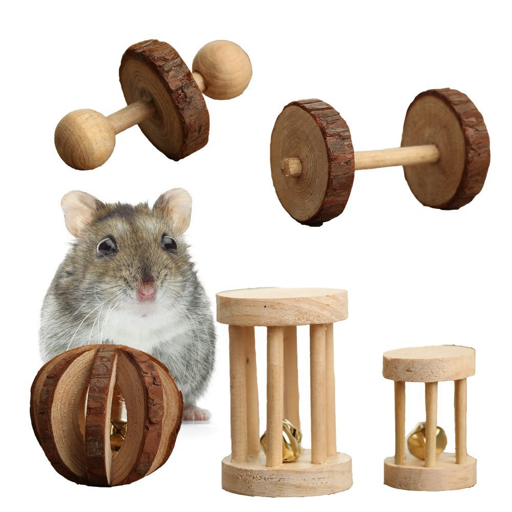 kathson 10 Pcs Hamsters Chew Toys Natural Wooden Gerbil Rats Chinchillas Toy Accessories DIY Rainbow Bridge with PVC Seesaw Sport Exercise Toys for Ball Pine Cone Teeth Care Molar Grass Radish