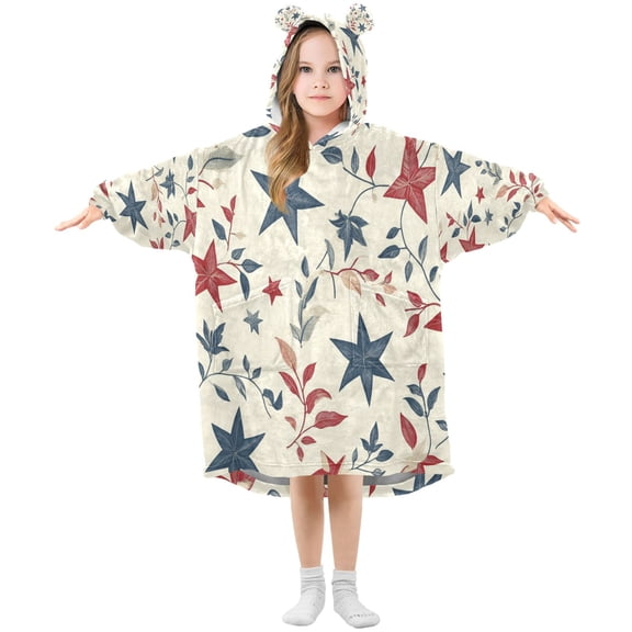 Wearable Blanket with Sleeves and Pocket Oversized Hooded Sweatshirt 3-14 YR Red and Blue Leafy Designs S