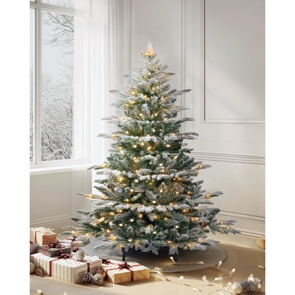 OasisCraft 4.5FT Pre-Lit Flocked Aspen Fir Artificial Christmas Tree, PE & PVC 457 Branch Tips Full Prelighted Xmas Tree with 150 Clear Lights
