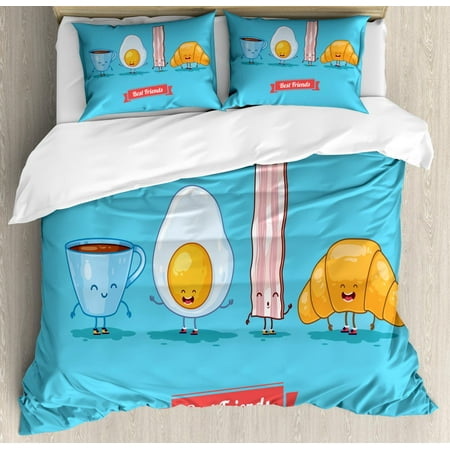 Bacon Duvet Cover Set Queen Size, Comic Figures of Breakfast Menu as Cup of Coffee Egg Bacon Croissant Best Friends, Decorative 3 Piece Bedding Set with 2 Pillow Shams, Multicolor, by