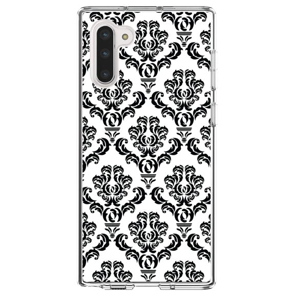 DistinctInk Clear Shockproof Hybrid Case for Samsung Galaxy Note 10 (6.3" Screen) - TPU Bumper, Acrylic Back, Tempered Glass Screen Protector - White Black Damask Pattern - Floral Damask Pattern