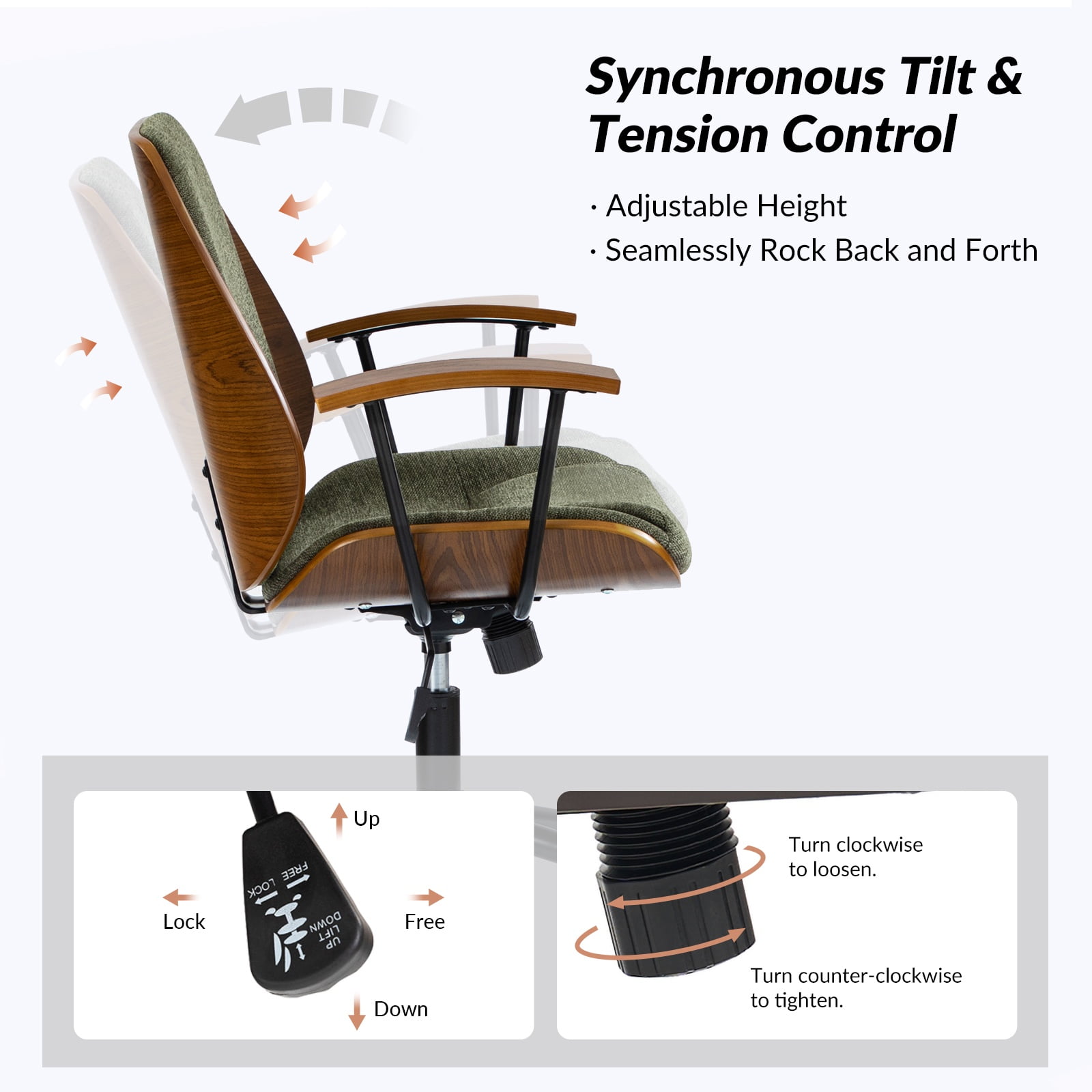 Ergonomic Adjustable Swivel Office Chair with Solid Wood Backrest and Premium Comfort Navy Cushion for Home Workplace