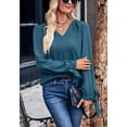 thumbnail image 4 of Solid Color V Neck Tie Cuff Long Sleeve Textured Blouse for Women Teal Small, 4 of 5