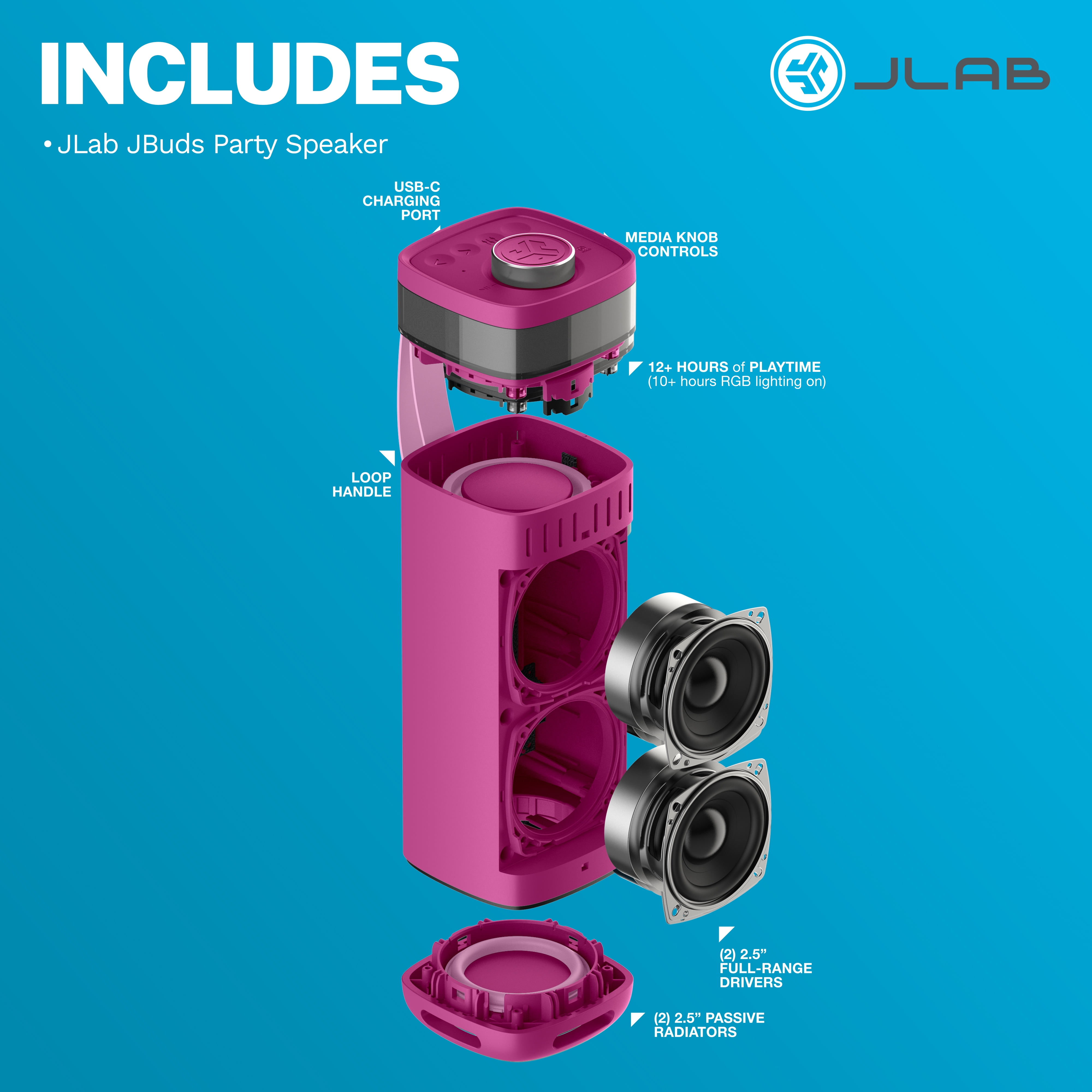 JLab JBuds Party Portable Bluetooth Speaker, 30W, 12 Hour Playtime, RGB Lighting, Splashproof, Mulberry