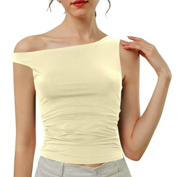 RMGVDSD Womens Summer Tops Solid Color Womens T-Shirt Off The Shoulder Tops Going Out T Shirts Crop Tank Top Fashion Clothes Soft Fashion Tops
