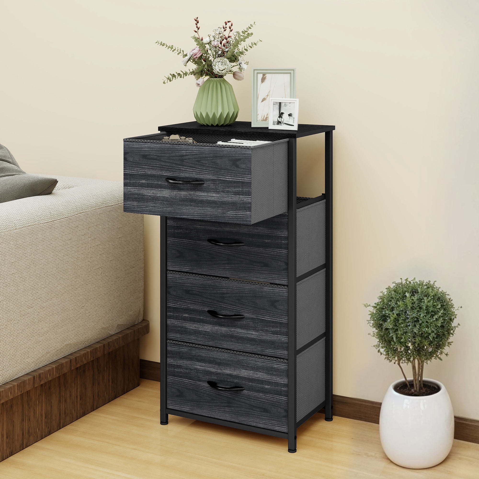 Uforic 4 Drawer Dresser Fabric Chest of Drawers Furniture Storage Organizer for Living Room,,Hallway, Black Wood Grain