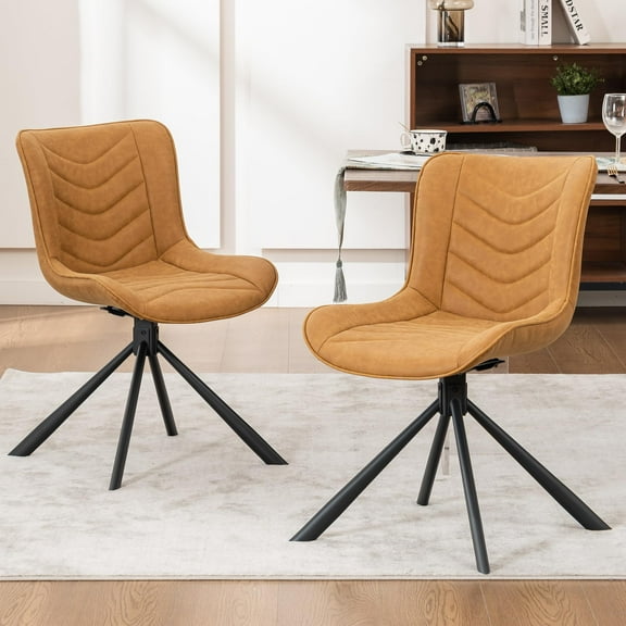 Swivel Dining Chairs Set of 3 Mid Century Modern Kitchen Room Chairs, Upholstered Faux Leather Accent Side Chair with Metal Legs for Bedroom, Living Room,BROWN