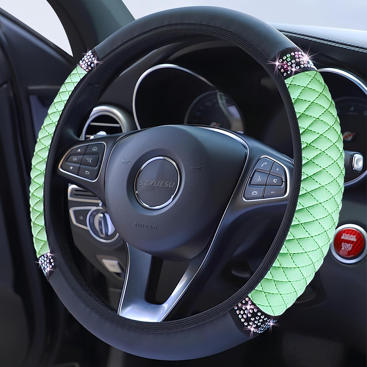 Bling Soft Leather Steering Wheel Cover 15 Inch with Sparkly Diamond Rhinestones for Women and Girls – Elastic Car Accessory for Most Cars (Green)
