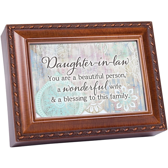 Daughter in Law Beautiful Person Woodgrain Rope Trim Jewelry Music Box Plays Wonderful World