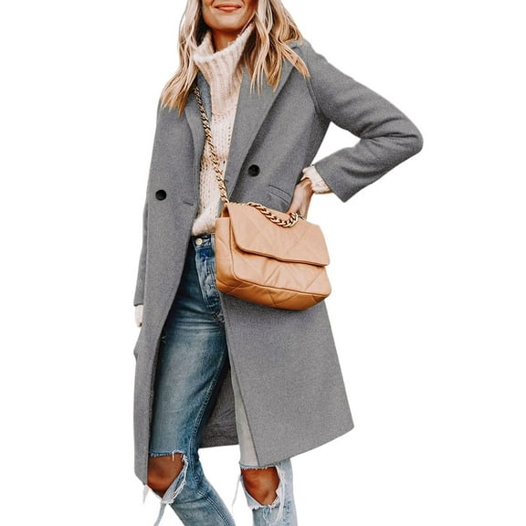 Women'S Winter Coat Casual Notched Lapel Single-Breasted Peacoat Gray S