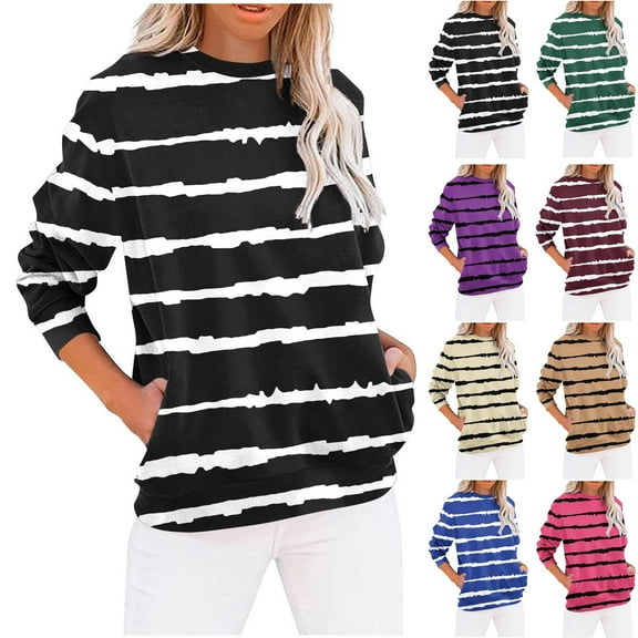 FRSASU Womens Tops Dressy Casual Crew Neck Stripe Print Long Sleeve Work Fashion Blouses with Pocket Wine XL(XL)