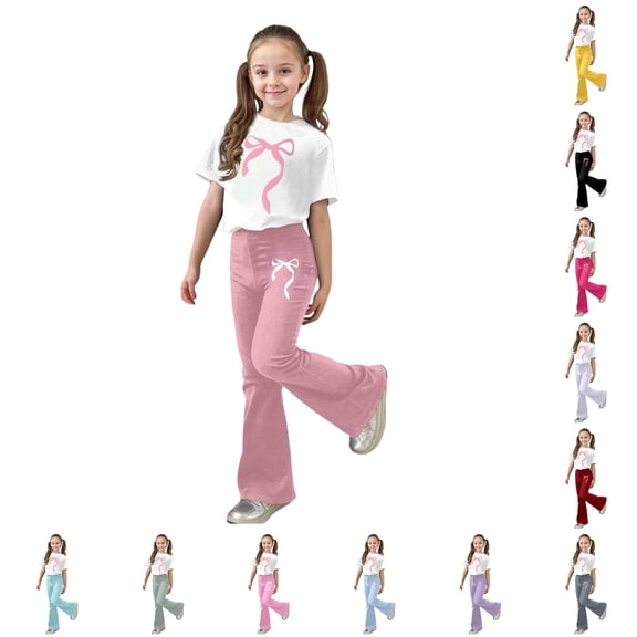 ZXLBBD Girls' Fall Outfits with Bow Print and Flared Pants 2 Piece Toddler Kids Casual Loose Fit Outdoor Activities Clothing Sets,Light Pink,Size 5 Y-6 Y