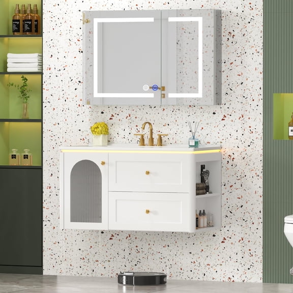 SUPERFLO 36 inch Floating Bathroom Vanity with Sink, Wall-Mounted Modern LED Bathroom Cabinet with Ceramic Integrated Sink, Soft-Close Storage Cabinet and 2 Drawers, White