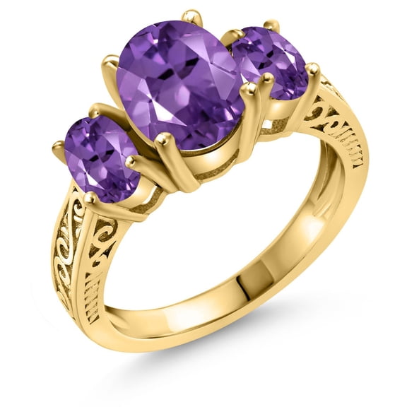 Gem Stone King 18K Yellow Gold Plated Silver Oval Purple Amethyst 3-Stone Ring for Women (2.56 Cttw, Gemstone Birthstone, Available in Size 5, 6, 7, 8, 9)