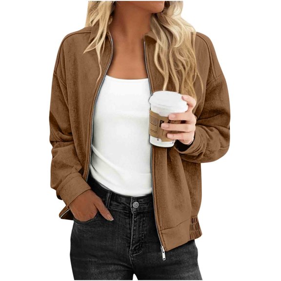UQJfacai Womens Faux Suede Bomber Jacket Long Sleeve Cropped Fall Jackets Lightweight Lapel Casual Outerwear Winter Coat with Pockets