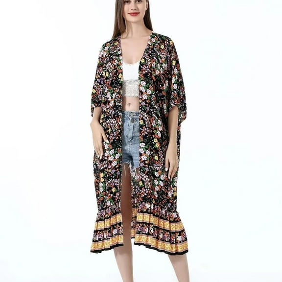 Lu's Chic Women's Beach Bathing Suit V Neck Cover Up Bohemian Long Soft Summer Loose Spring 3/4 Sleeve Swimwear Black One Size