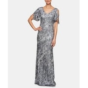 Alex Evenings Women's Long Sequin Dress with Flutter Sleeves, Silver, 18