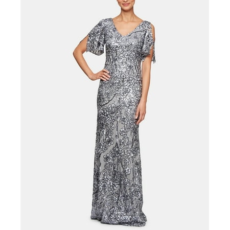 Alex Evenings Women's Long Sequin Dress with Flutter Sleeves, Silver, 18