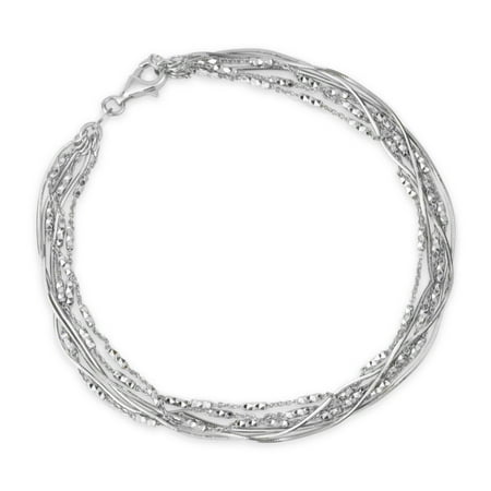 Sterling Silver Rhodium Plated Snake Chain and Alternating Diamond Cut 6 Strands Bracelet, 7.5