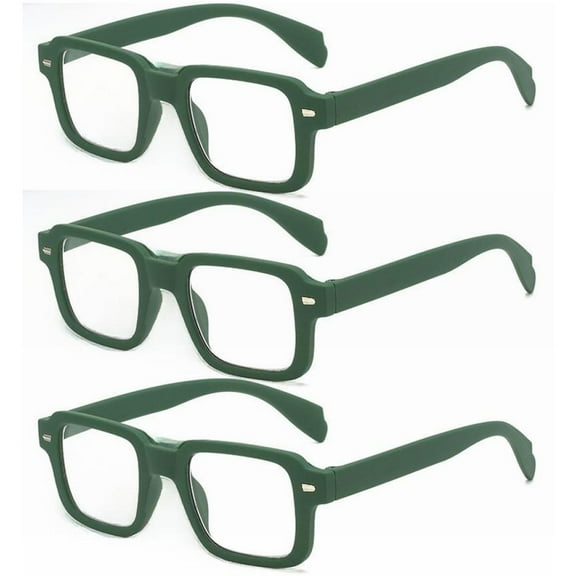 3 Pairs of Mens Square Reading Glasses Classic Blue Light Blocking Matte Green Readers 2.00