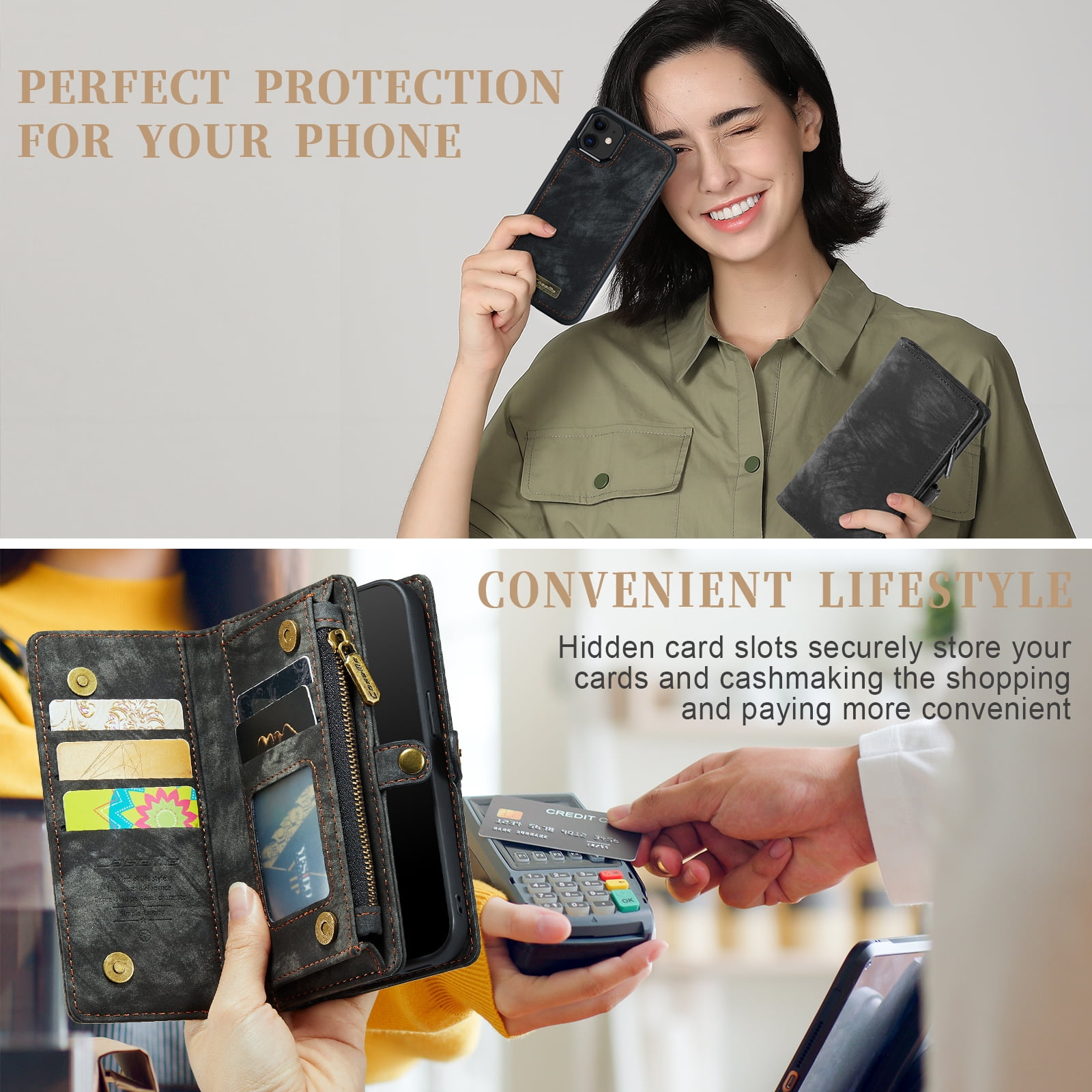Feishell Durable 2-In-1 Magnetic Detachable Wallet Case for iPhone 11,for Women Men,Premium PU Leather Zipper Pocket Flip Multi Card Slots Purse Phone Case with Wrist Strap,Black