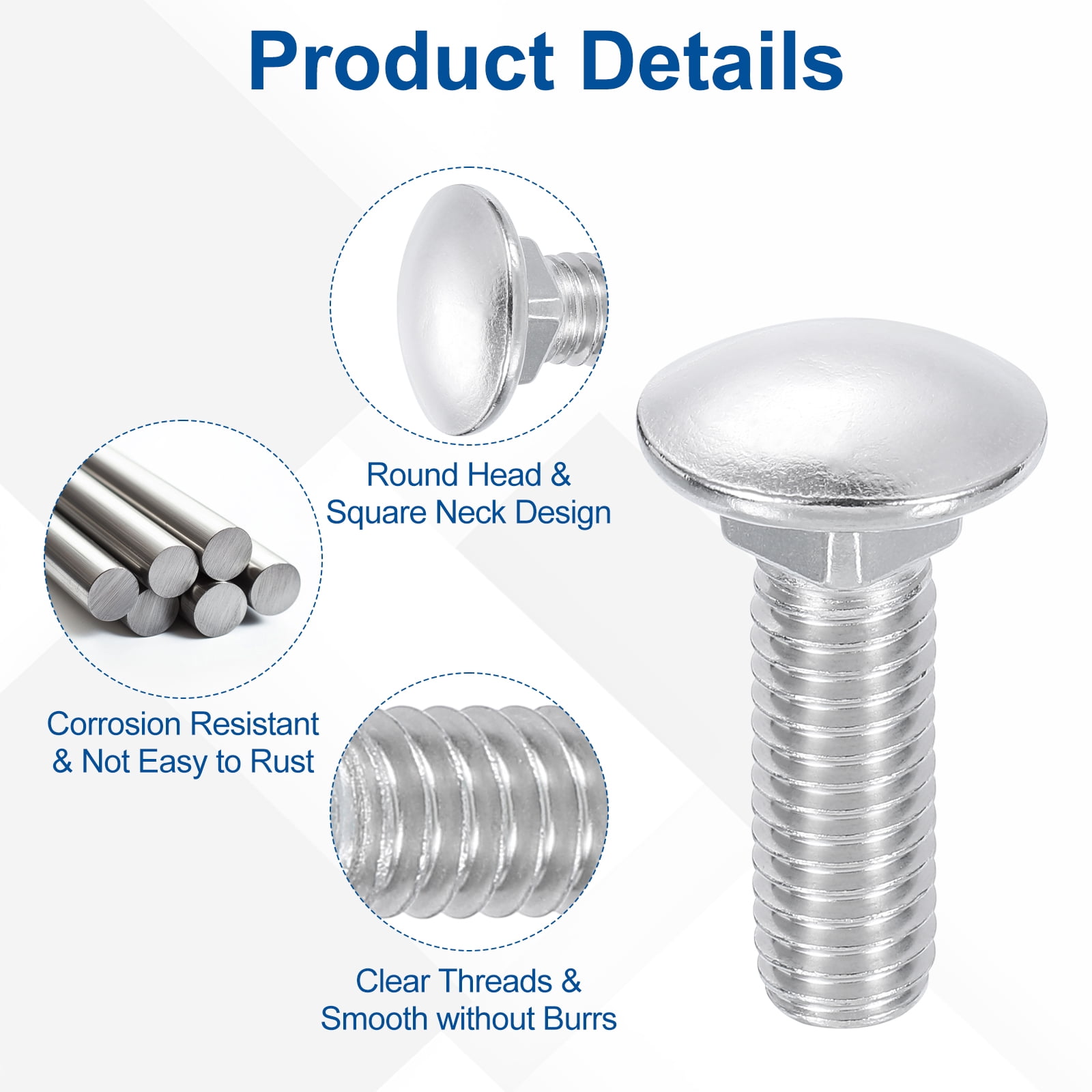 Uxcell 25Pack 3/8"-16x1-3/4" Stainless Steel Carriage Bolts Round Head Square Neck, Silver