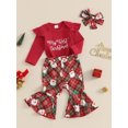 thumbnail image 4 of Baby Toddler Girl Christmas Outfit, 0 3 6 12 18 Months Letter Print Ruffle Long Sleeve Romper Santa Claus Plaid Flare Pants Headband 3 Piece Clothing Set, 4 of 9