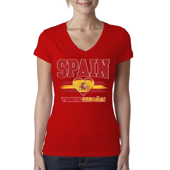 Wild Bobby Spain Flag Heart Vamos Espana Graphic | Women's Novelty T-Shirt | Soccer Football Fan Game Day Gift for Her Women Junior Fit V-Neck Tee