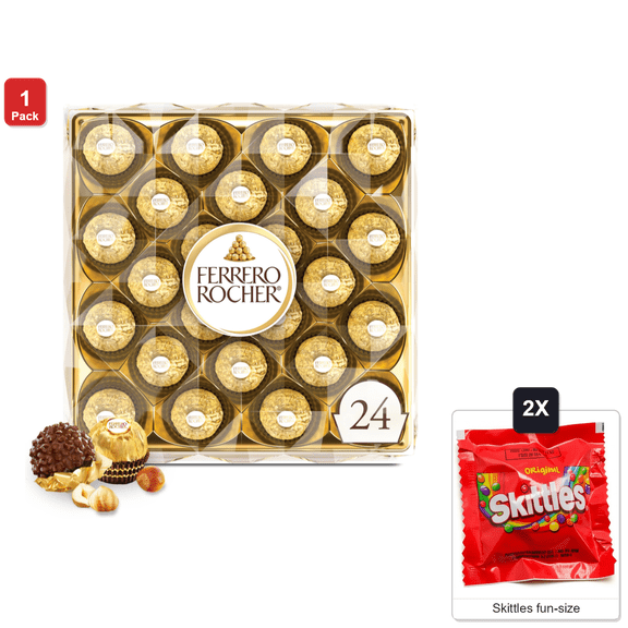 Ferrero Rocher, 24 Count, Milk Chocolate Hazelnut, Chocolates, 10.6 oz, with 2 Skittles Fun Size