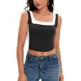 thumbnail image 2 of ATHLECHIC Camiseta sin mangas de cuello cuadrado para mujer, top corto de verano con bloques de color, XS, negro, 2 of 5