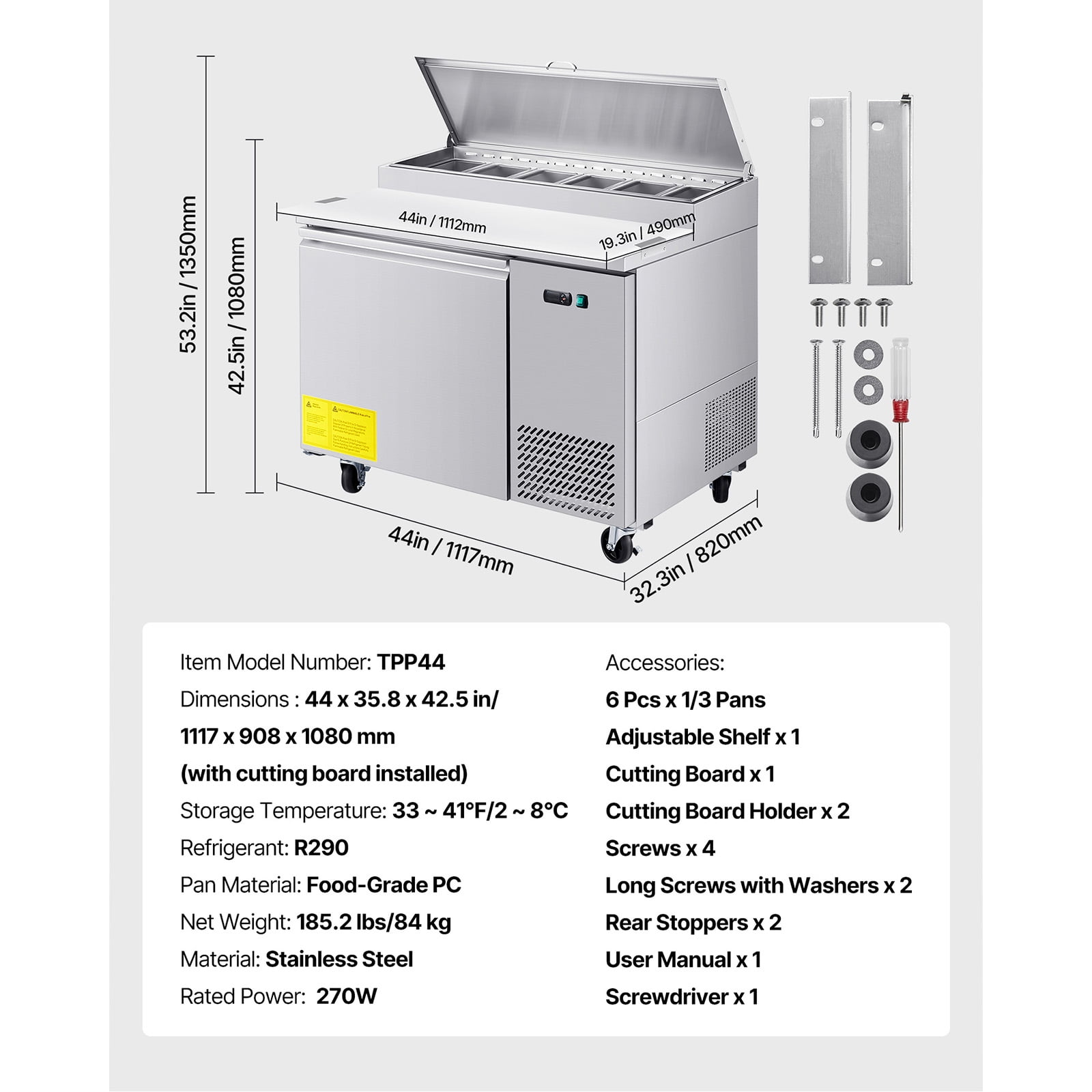 KFFKFF Commercial Refrigerator, 44" W Pizza Prep Table with Refrigeration, 20" Wide Countertop Food Prep Station, 11 Cu.Ft Single Door Salad Fridge, 6 Pans Worktop with Cutting Board