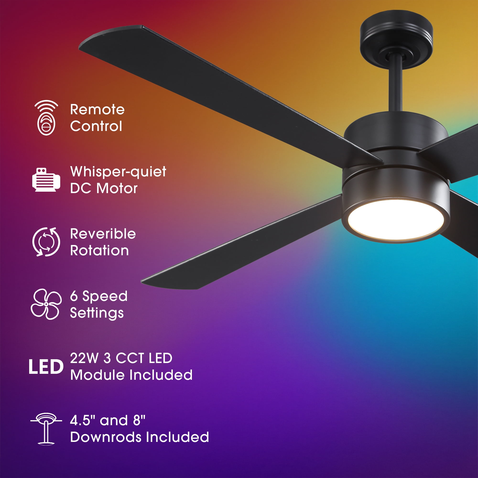 Parrot Uncle Modern 52" 4-Blade RGB LED Smart Ceiling Fan with Remote and APP Control, 3-CCT Dimmable LED Ceiling Fan