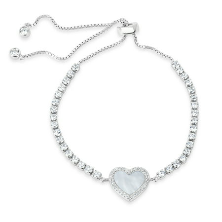 10mm Mother Of Pearl and White Cubic Zirconia Sterling Silver Rhodium Plated Heart Box Chain Bolo Bracelet 10