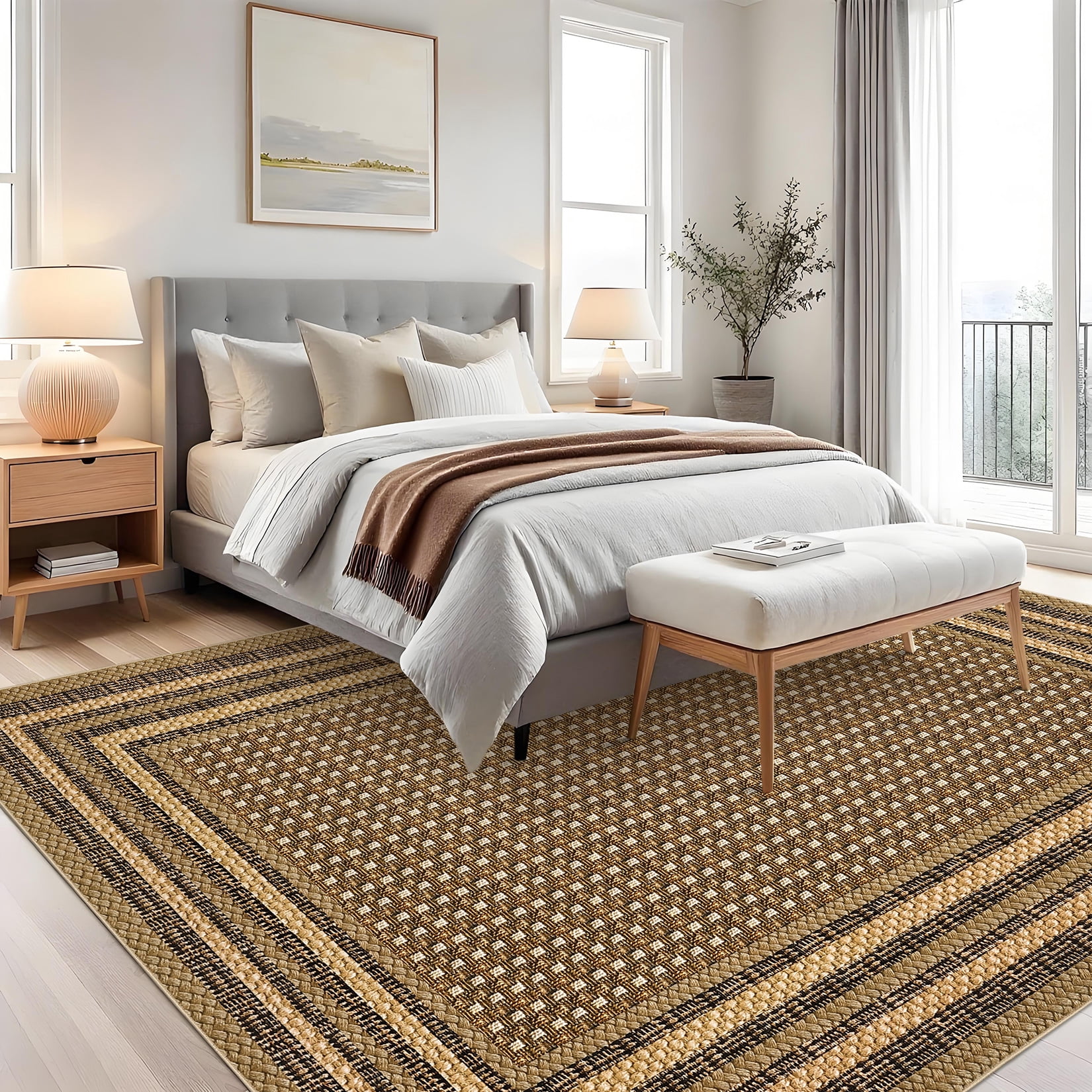 Garvee 8'x10' Bordered Print Area Rug Washable Rugs, Non Slip Modern Geometric Rug Stain Resistant Indoor Carpet for Living Room Bedroom Dining Room, Linen