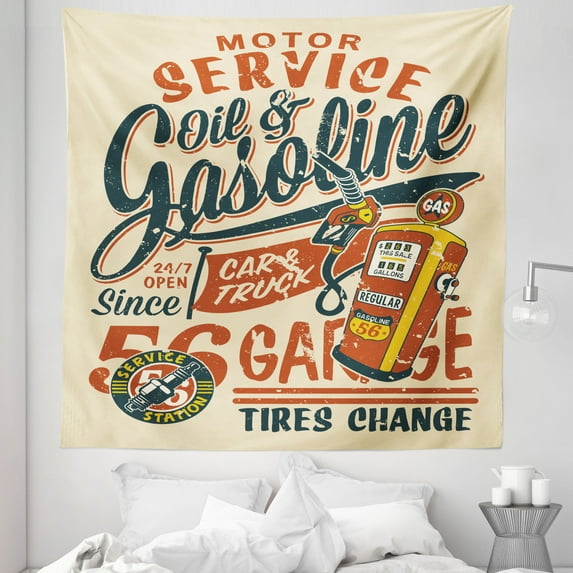 Vintage Trucks Tapestry, Grunge Style Poster Design Gasoline Station Garage Service Themed, Fabric Wall Hanging Decor for Bedroom Living Room Dorm, 5 Sizes, Champagne Multicolor, by Ambesonne