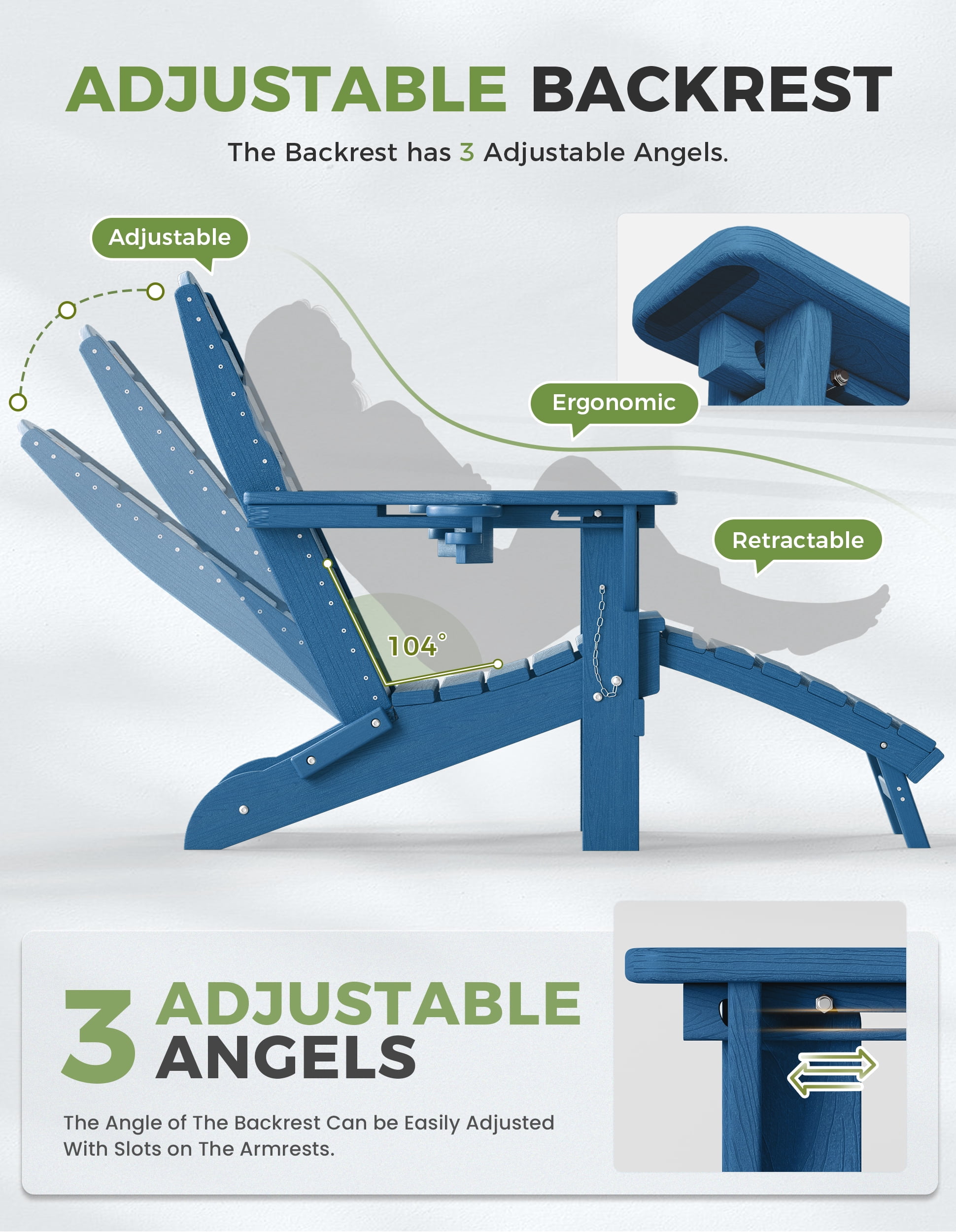Folding Adirondack Chair Set of 2 with Retractable Ottoman Footrest, Wood Grain HDEP All Weather Fire Pit Chair with 2 Cup Holders for Outdoor, Blue