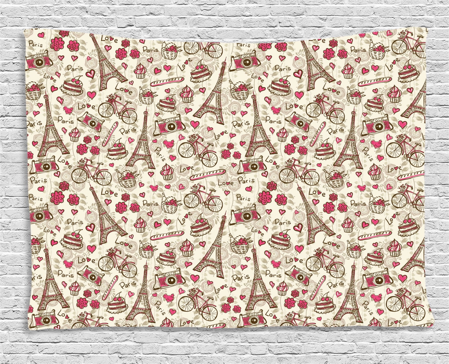 Romantic Tapestry French Paris Themed Eiffel Tower Bakery Letterings Hearts Art Print Wall Hanging For Bedroom Living Room Dorm Decor 60w X 40l