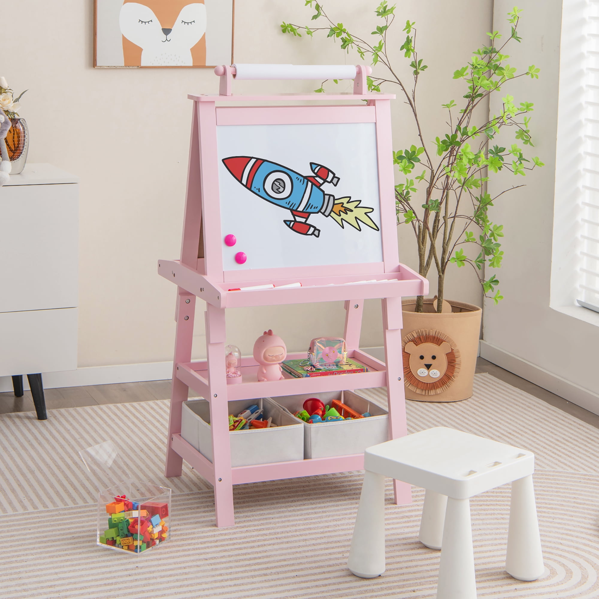 Gymax 3 in 1 Double-Sided Storage Art Easel w/Paint Cups for Kid Writing Teal Frosting Pink