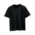 thumbnail image 6 of Skymirror Summer Couple T-shirt Rhinestone Decor Round Neck Plus Size Short Sleeves Loose Pullover Solid Color Mid Length Unisex Daily Top, 6 of 8