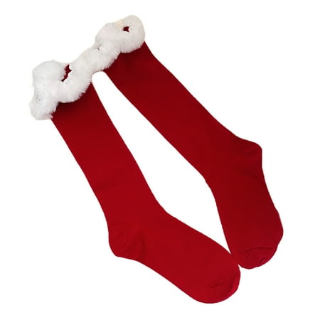 

Whigetiy Womens Christmas New Year Cotton Red Knee High Socks with Faux Fur Feather Trim Patchwork Bright Solid Color Holiday Party Mid Tube Stockings