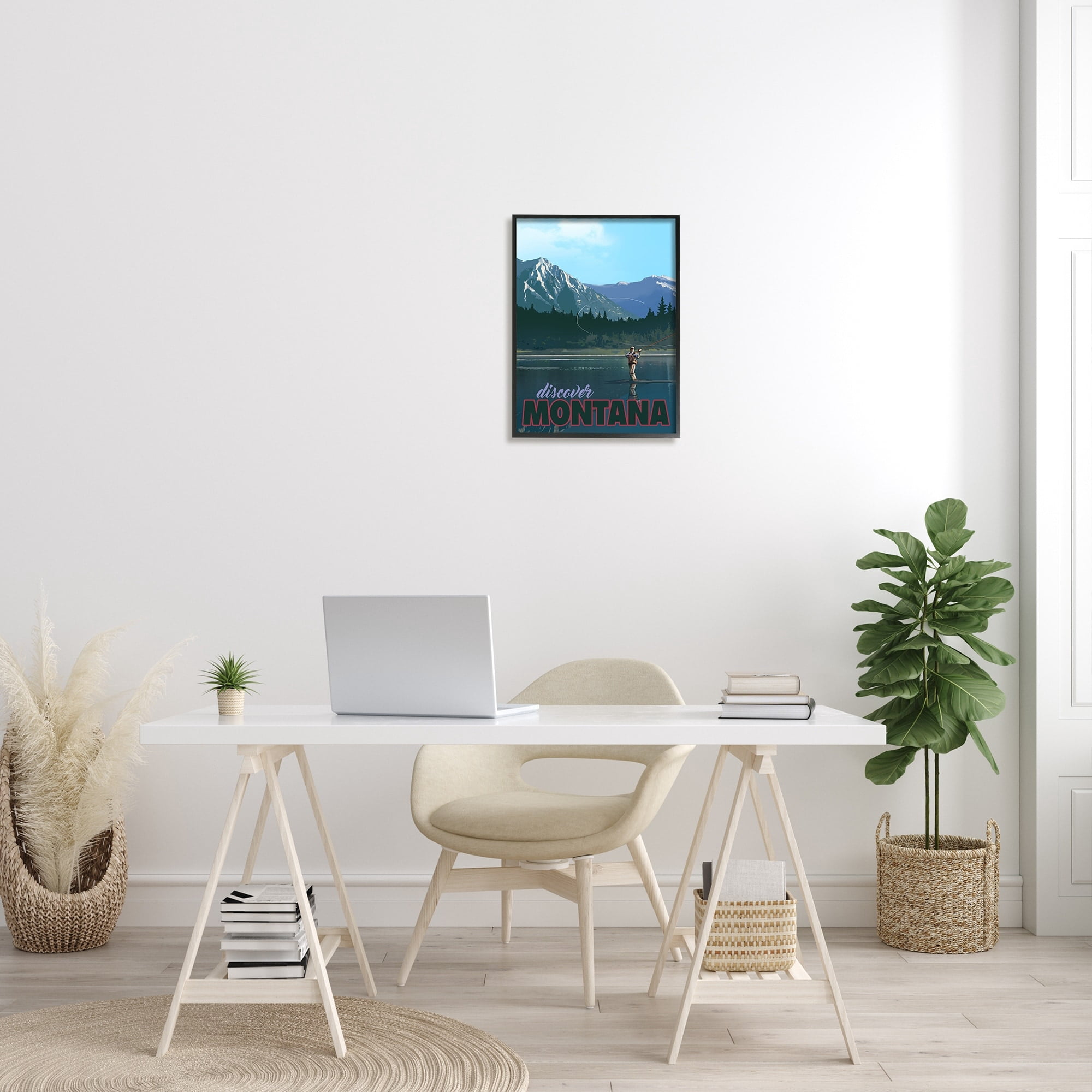 Stupell Industries Montana Travel Fly Fishing Lake Mountains Landscape Graphic Art Black Framed Art Print Wall Art, Design by David Owens Illustration