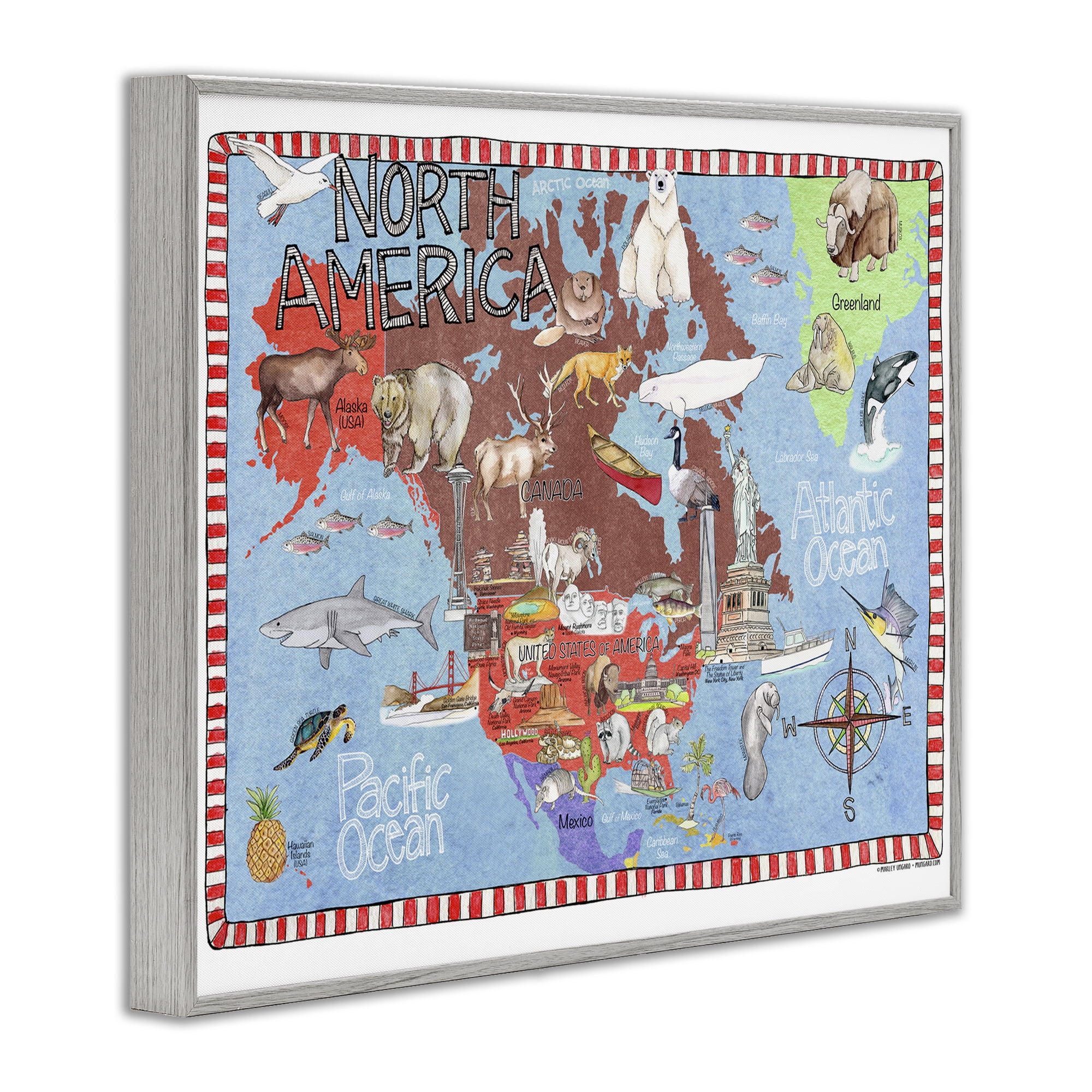 Stupell Industries North America Map Travel & Places Painting Gray Framed Art Print Wall Art, 30 x 24