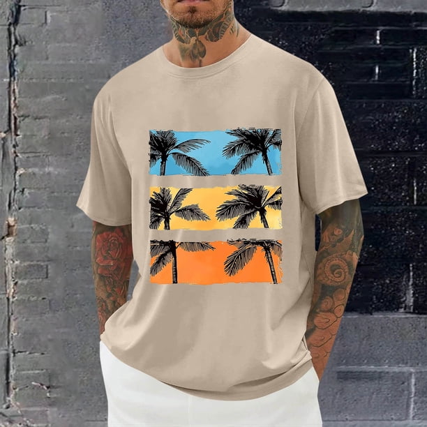 Tops para hombre, blusas y camisas de cuello redondo y manga corta para hombre, blusas casuales de moda con cuello redondo y estampado para hombre, blusas de poliéster para hombre.