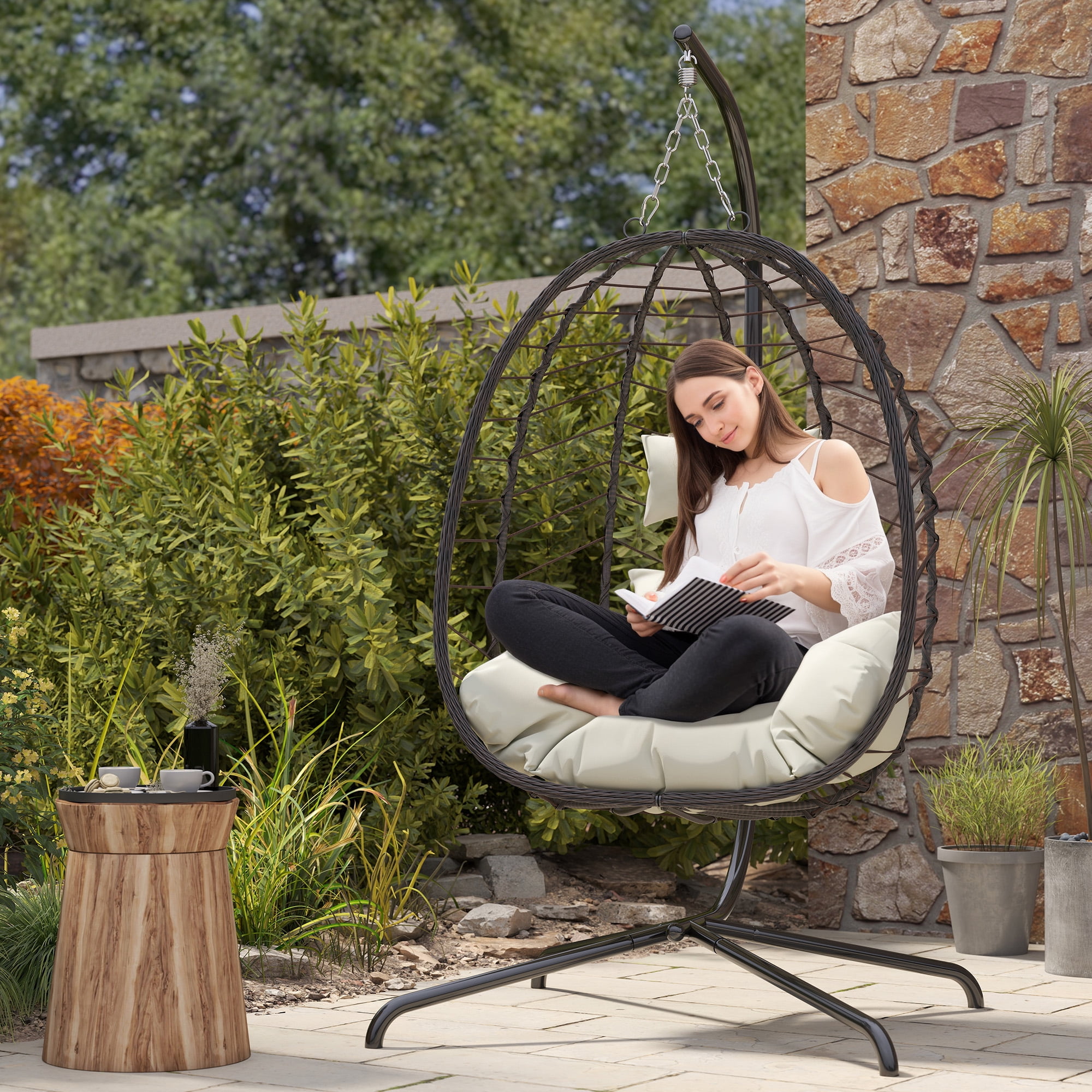 Egg Chair with Stand, Patio Wicker LHBcraft Hanging Chair, Hammock Swing Chair, 350LBS Capacity for Bedroom, Balcony, Garden(BR-BE)