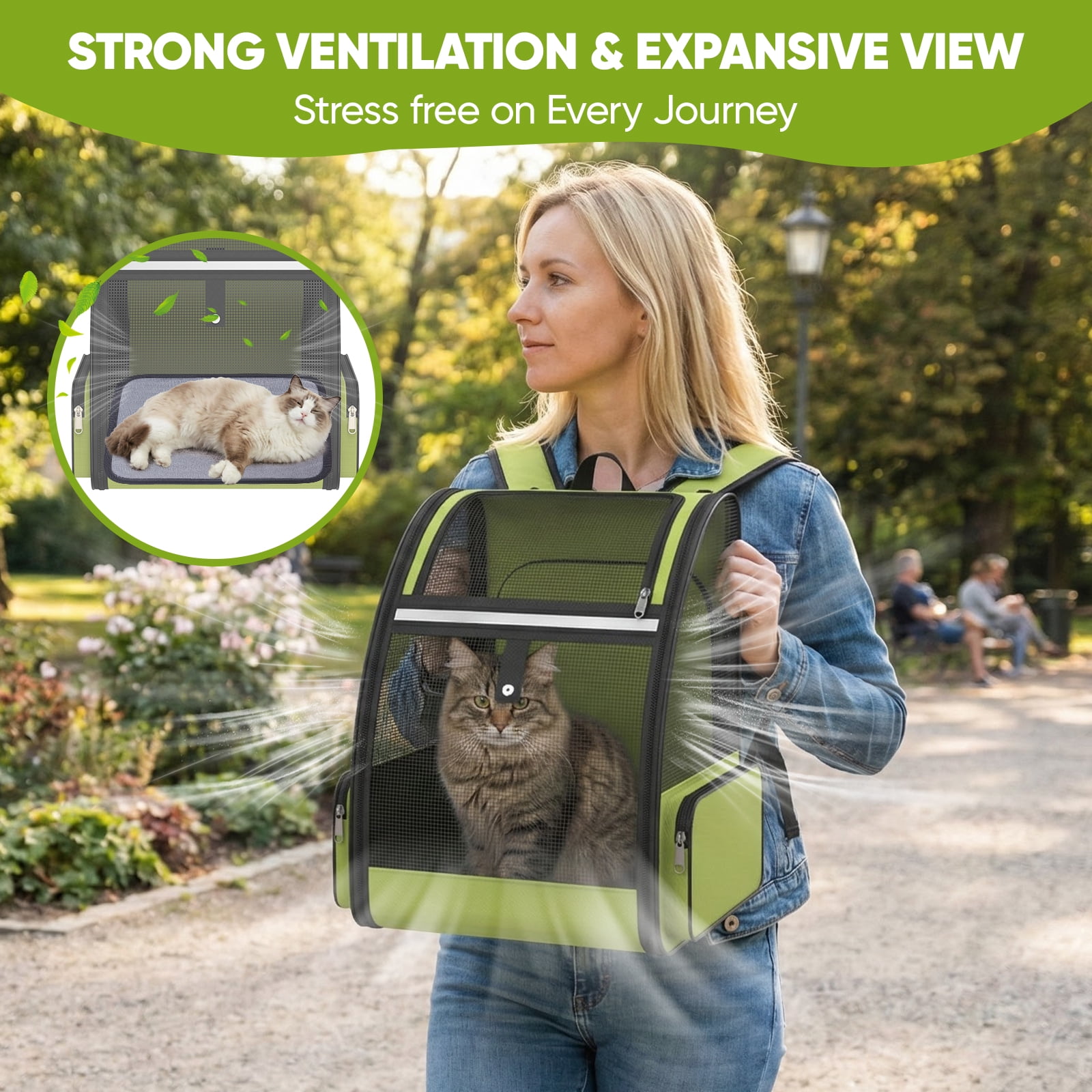 Cat Carrier Backpack Expandable Breathable Pet Carrier for Large Cat Puppy Outdoor Travel Pet Backpack with Vantilated Mesh, Green